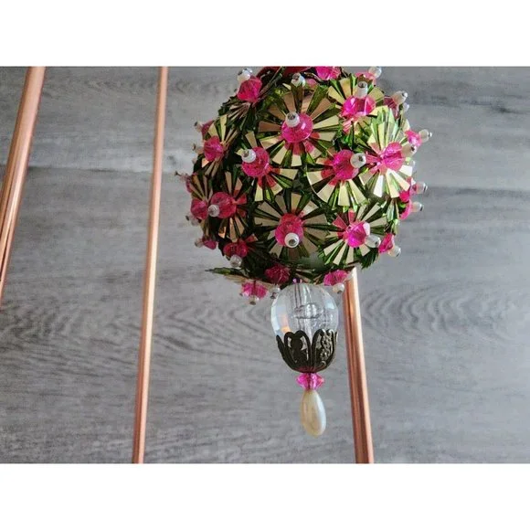 Vintage Christmas Ornament 1960s Velvet Beaded Push Pin Embellish Green Pink - Picture 3 of 10
